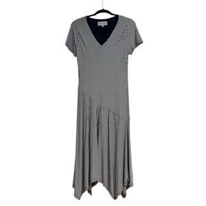 Philosophy Womens Striped V-Neck Asymmetrical Hem Midi Dress Black White Large